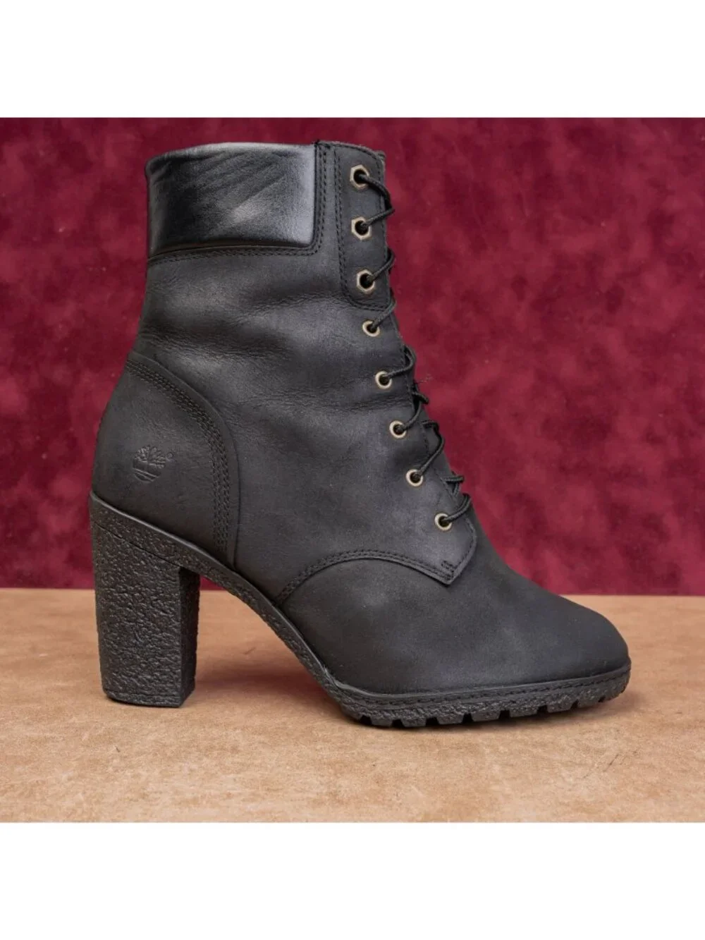 Timberland Women Glancy Lace-up Black Leather Heel Combat Boots sz 8